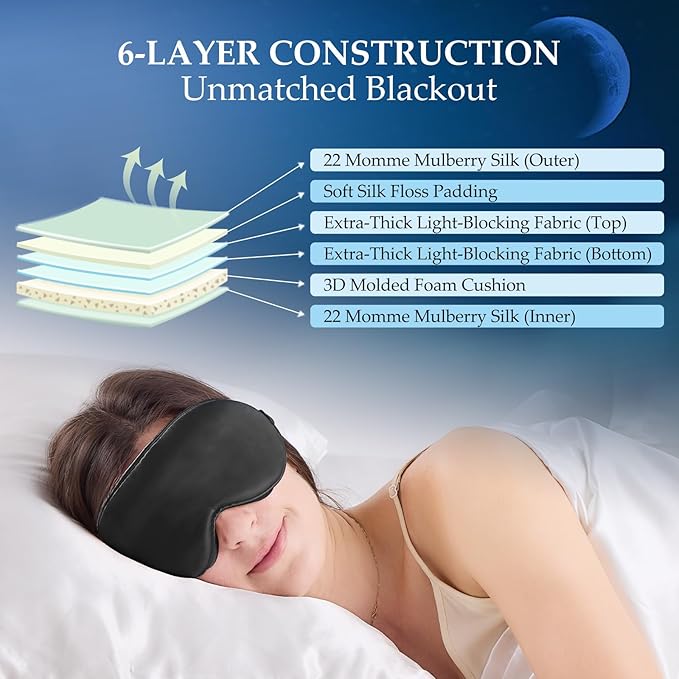 100% 22 Momme Mulberry Silk Sleep Mask with Adjustable Strap, 3D Contoured Cup Silk Eye Mask for Sleeping, Total Black Out, Black - Bloomnest