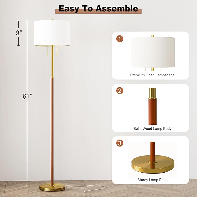 61" Wood Floor Lamp for Living Room 2-Light Standing Tall Lamps Mid Century Modern Floor Lamps for Bedroom Office Nursery Corner Industrial Reading Room Lamp, 3 Color Temperatures 9W Bulbs Included - Bloomnest