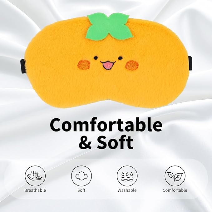 Cute Sleep Eye Masks for Kids, Kawaii Cartoon Kids Sleeping Mask for Women Boys Girls Teens, Soft Plush Adjustable Eyeshade Silk Travel Nap Eye Cover, Orange Persimmon - Bloomnest