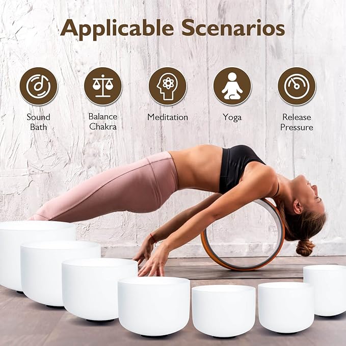 432hz Crystal Singing Bowl 6-12inch Set of 7 Pure White for Meditation Yoga Heart Chakra Meditation Heavy Duty Carrying Case with Sponge Padded Bundle Rubber Mallet Suede Striker O ring - Bloomnest
