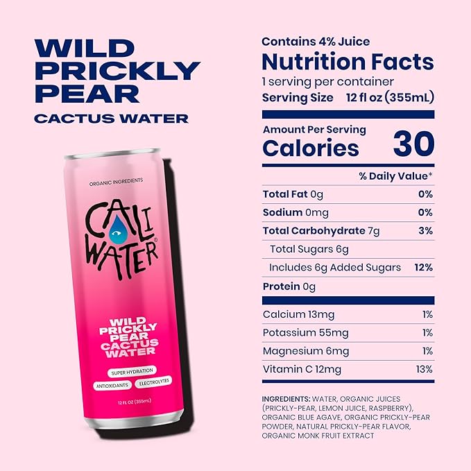 Caliwater - Organic Cactus Water - Wild Prickly Pear - 5g Sugar, 25 Calories - Coconut Water Alternative - Natural Plant Based Hydration - Skin Care, Electrolyte Drinks - Flavored Water - 12 Cans - Bloomnest
