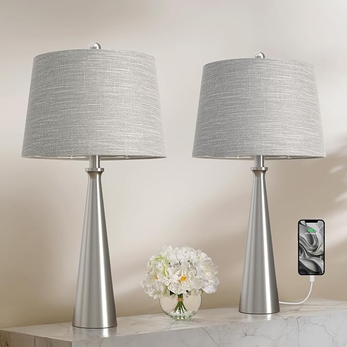 Oneach 25.75" Modern Table Lamp Set of 2, Bedside Lamps with USB Ports, Silver Nightstand Lamps Set for Living Room Bedroom House Bedside Home Office Family - Bloomnest