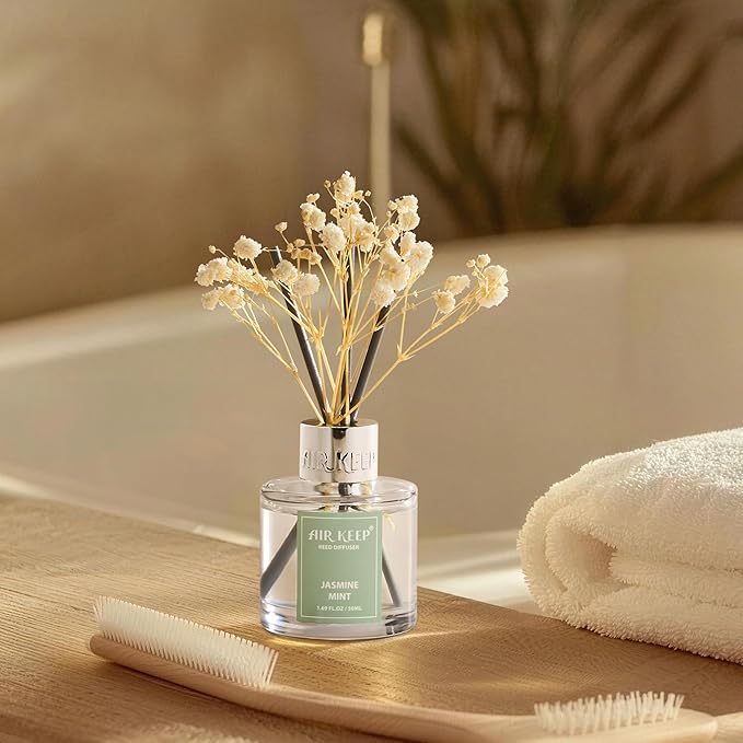 Airkeep Reed Diffuser Set,1.69 fl oz (50 ml) - Jasmine Mint Oil Diffusers with 8 Reed Sticks,Home Fragrance Reed Diffuser for Bathroom Shelf Decor - Bloomnest
