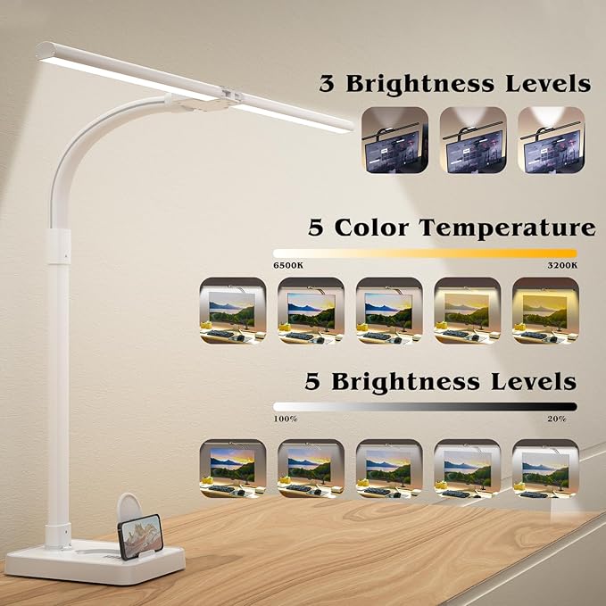 Led Desk Lamp for Home Office,24W Bright Eye-Caring Desk Light with Base,5 Brightness and 5 temperatures Dimmable Workbench Task Light, Adjustable Gooseneck Table Lamp for Monitor(White) - Bloomnest