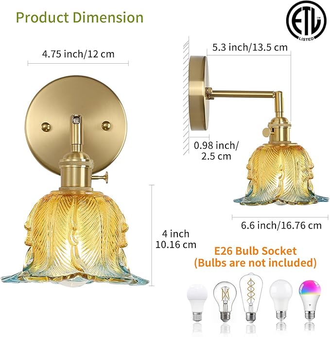 Vintage Wall Sconces Set of 2, Lily Yellow Lampshade & 180 Degree Adjustable, Brass Wall Lights, for Bedroom Living Room Hallway Aisle, Bulbs Not Included, ETL Listed - Bloomnest