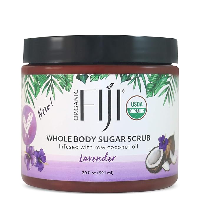 Organic Fiji Whole Body Scrub - Infused with Coconut Oil, Exfoliating Sugar Scrub for Smooth and Soft Skin, Exfoliates & Restores Skin's Natural Biosphere, Lavender 20 oz
