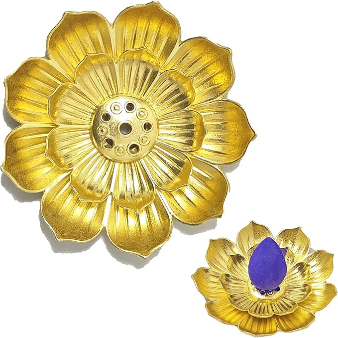 Cone Incense Holder - Lotus Gold Brass Ash Catcher for Cones, Waterfall Backflow Burner for Sticks - Meditation Yoga Home Decor