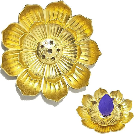 Cone Incense Holder - Lotus Gold Brass Ash Catcher for Cones, Waterfall Backflow Burner for Sticks - Meditation Yoga Home Decor