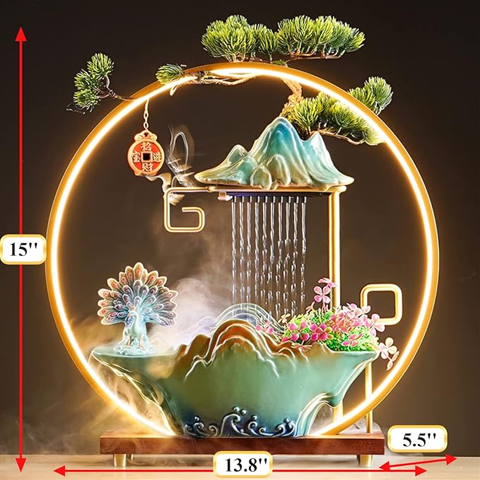 Peacock Tabletop Water Fountains Indoor Waterfall with LED Light Desktop Fountain for Meditation with Mist Japanese Fountain with Fake Plants Feng Shui Office Home Decor for Good Luck Wealth - Bloomnest