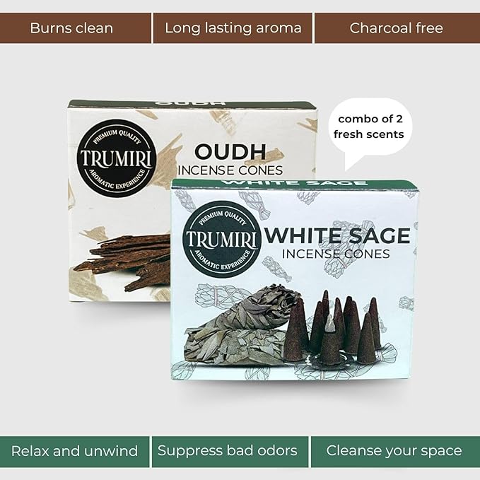 Incense Cones - Combo Pack of 20 Cone Incense - 10 White Sage + 10 Oud - Insence Cones - Incense Cones Scented - Cone Incense Scents - Insense Cones - Incent Cone TRUMIRI
