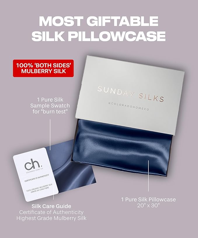 SUNDAYSILKS™ Premium Silk Pillow Cases | 100% Mulberry Silk Pillowcase with Zipper, Real 22 Momme Grade 6A Silk, Standard Queen, King Size [Navy Blue] - Bloomnest