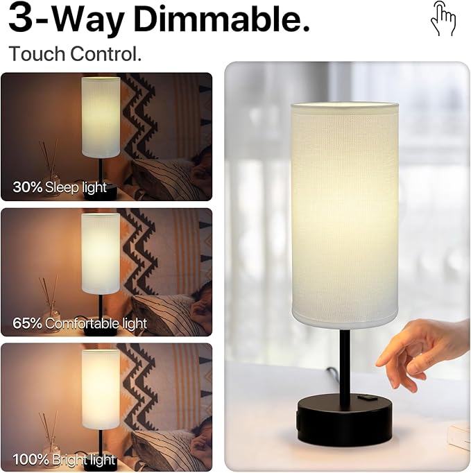KPQ Small Bedside Lamp Touch Control Table Lamp with USB A+C Charging Ports & AC Outlet 3-Way Dimmable Nightstand Lamp with Linen Fabric Shade for Bedroom Living Room - Bloomnest