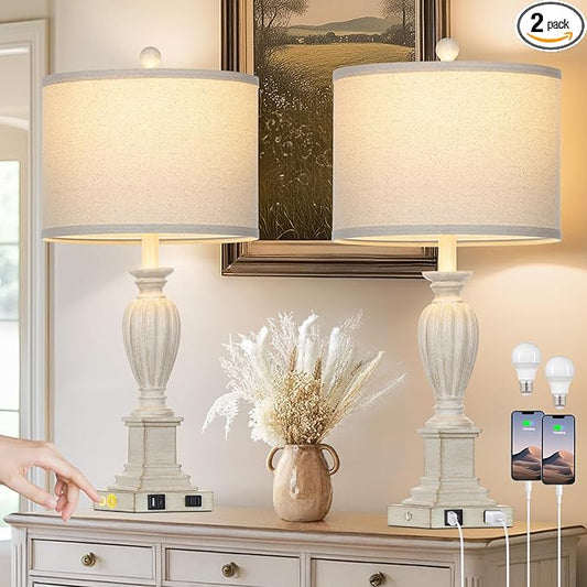 27" Farmhouse Table Lamps Set of 2 with USB C+A Ports & AC Outlet for Vintage Living Room Retro Bedroom,3-Way Dimmable Touch Lamp Resin Bedside Lamps for Nightstand Side End Table,Cream - Bloomnest