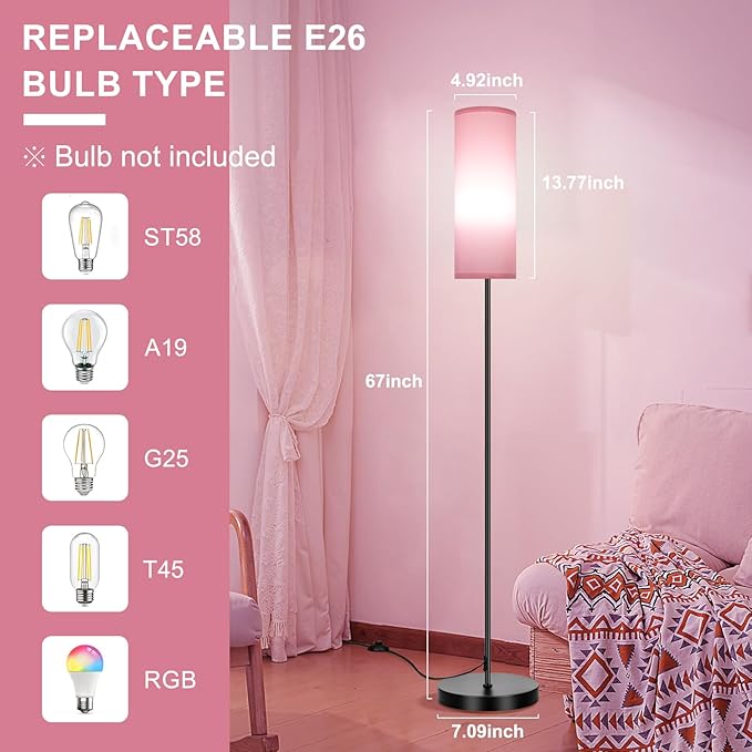 FRIDEKO HOME Floor Lamp with Pink Shade, Simple Design with Foot Pedal Switch, Small Tall Lamps for Living Room Bedroom Office, Corner Floor Stand Light with Black Pole Lamp (No Bulb/No Remote) - Bloomnest