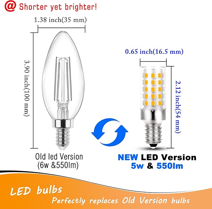 E12 Candelabra LED Light Bulbs 60 Watt Equivalent 6W 2700K Warm White 550lm Non-dimmable 120 Volt C7 T6 E12 Small Base for Chandeliers Pendant Ceiling Fan Lighting Table Salt Lamp, 4 Pack - Bloomnest