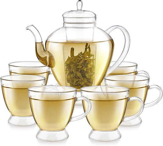 Teabloom Grand Bouquet Borosilicate Glass Tea Set for Six – Elegant 50oz Teapot with Microdot Infuser & Six 8oz Teacups – A Pure & Immersive Tea Experience – Tea Purist's Choice
