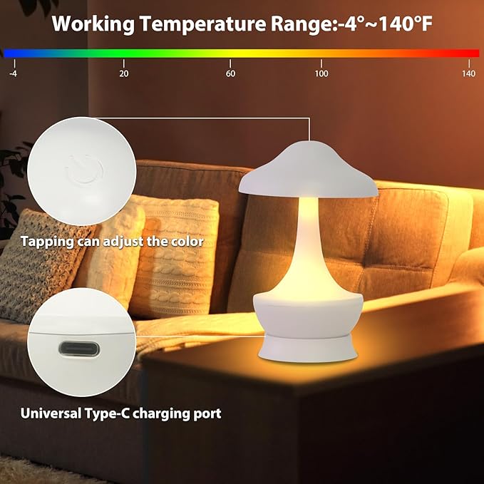 Mushroom Lamp Cordless Table Lamp - Room Decor Aesthetic Night Light for Night Stands and Desk Lamps - Fun and Energy- Night Light with USB Charging Port - Soft Indoor Lighting for Kids (White) - Bloomnest