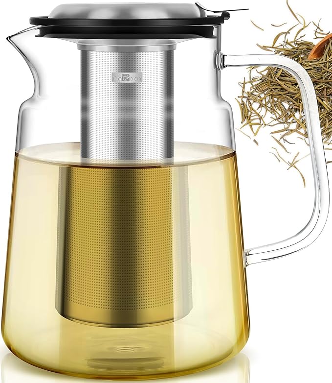Aquach Glass Teapot with Removable Infuser - 74oz Borosilicate Tea Pot for Stovetop & Cold Brew, Stainless Steel Filter for Loose Leaf/Iced Tea - Bloomnest