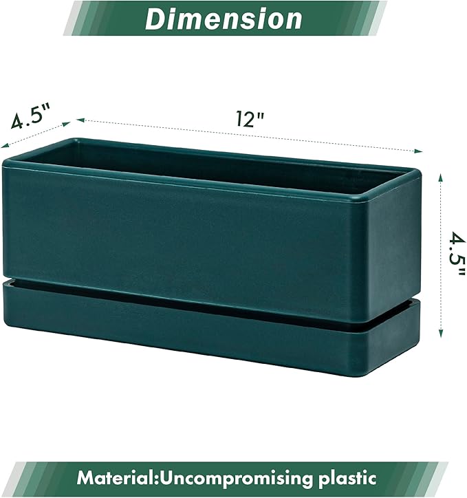 D'vine Dev 12 Inch Window Box Planter, Rectangle Plastic Herb Planter with Drainage Holes and Saucer, Indoor Succulent Cactus Vegetable Pot for Windowsill, Garden Balcony, Green, Set of 1, 76-X-C-1 - Bloomnest