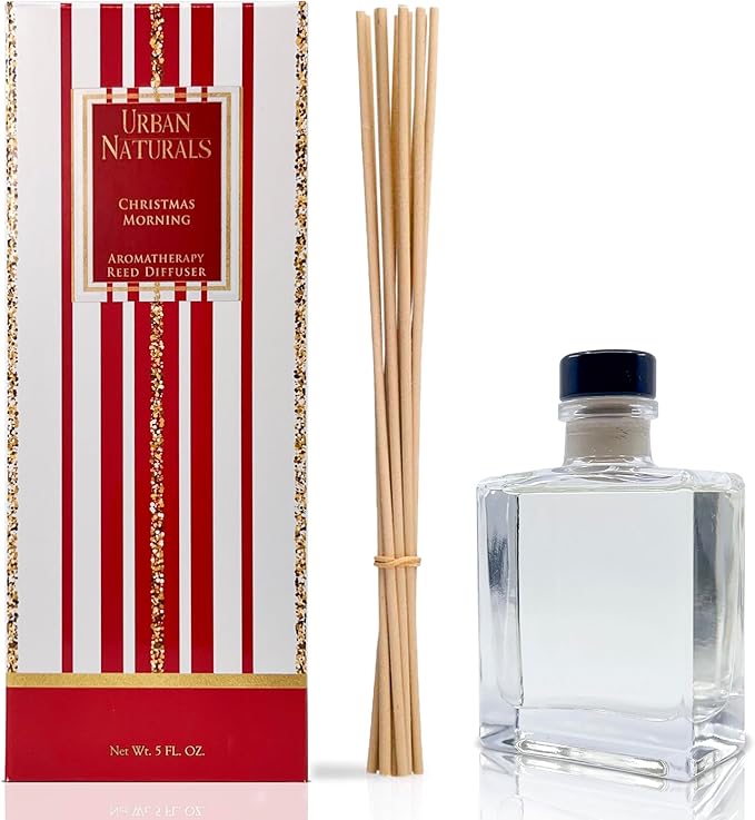 Urban Naturals Christmas Morning Reed Diffuser Set – Aromatic Rosemary, Eucalyptus, Balsam Spruce, Orange, Cedar & Amber – Sleek Rectangular Refillable Glass Bottle – Made in The USA UrbanNaturals