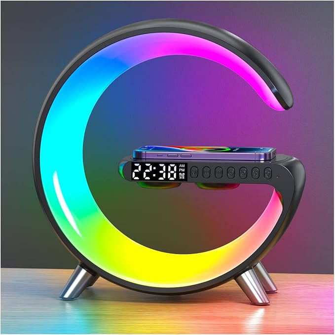 Smart LED Table Lamp, 4-in-1 Wireless Charger, Night Light, Alarm Clock, and Bluetooth Speaker with App Control for Bedroom, Office, and Home Decor (Black) - Bloomnest
