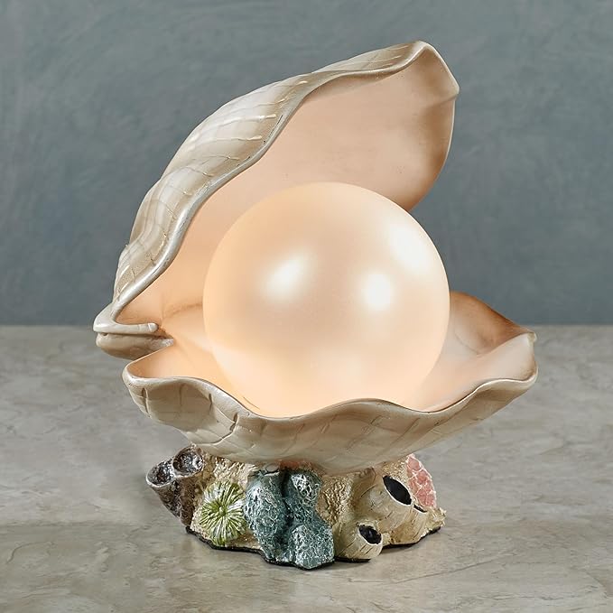 Clamshell Pearl Accent Lamp Night Light Ivory - Handcrafted Resin Clam - Coastal Style Lighting - Nautical Theme - Ocean Nightlight Bulb Included with Beach Shell Decoration - 7 Inches High - Bloomnest