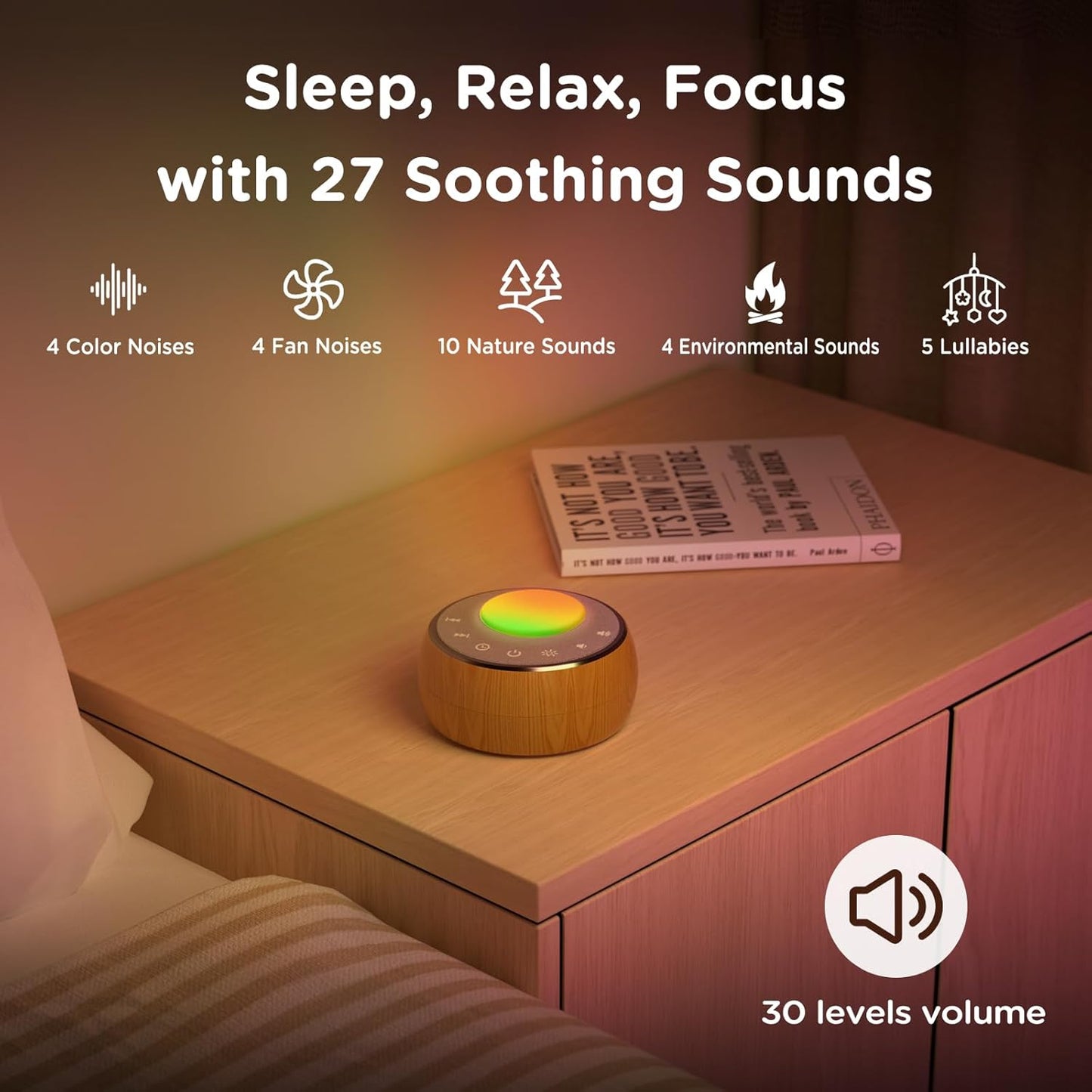 Peakeep White Noise Portable Sound Machine Sleeping Light for Adults Baby, Loud Clear Speaker, 25 Hours Continuous Audio 27 Noise Fan Nature No-looping Sounds, 30 Volume, Battery Operated