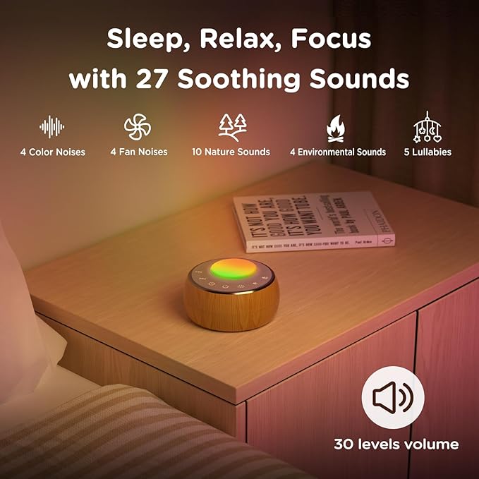Peakeep White Noise Portable Sound Machine Sleeping Light for Adults Baby, Loud Clear Speaker, 25 Hours Continuous Audio 27 Noise Fan Nature No-looping Sounds, 30 Volume, Battery Operated - Bloomnest