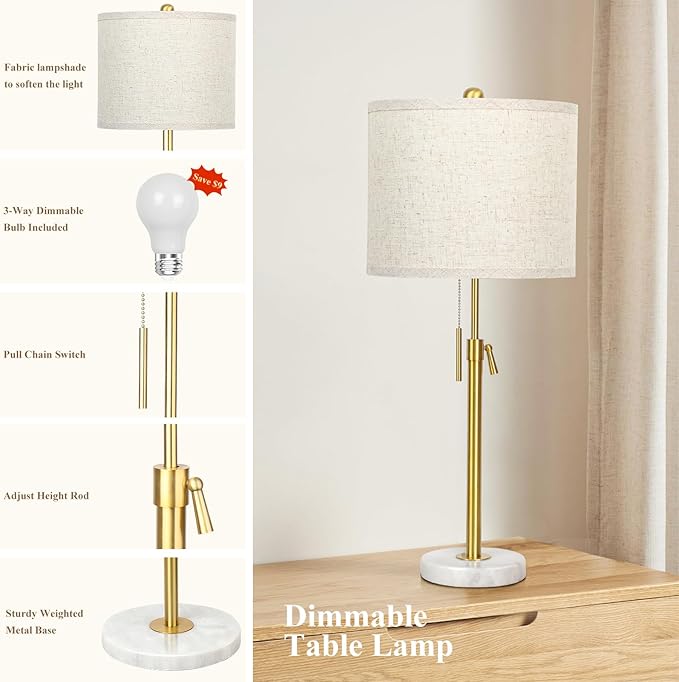 Table Lamp Set of 2: 22" to 30" Height Adjustable Pull Chain Switch for Living Room Bedroom End Table, Marble Base Beige Linen Shade Gold Nightstand Lamp for Office, Bedside Table (Gold, Beige Shade) - Bloomnest