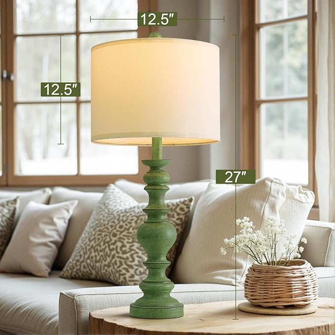 BOBOMOMO 27" Sage Green Table Lamps Set of 2, Large Farmhouse Resin Lamps with Linen Shades, Green Vintage Lamps for Living Room, Bedroom, or Entryway, Rustic Elegant Home Décor - Bloomnest