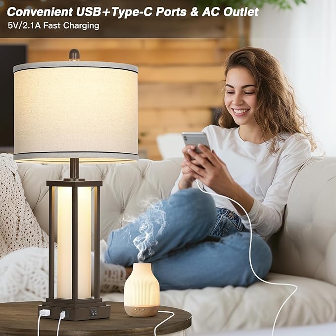 27in Tall Farmhouse Table Lamp Set of 2 with USB C+A & Outlet,Brown Industrial End Table Lamp for Living Room,Vintage Rustic Bedside Lamps with Night Light for Bedroom Nightstand,Brown - Bloomnest