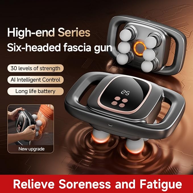 6-Head Massage Gun, Deep Tissue Back Massager with 30 Levels & 3 Modes, Electric Percussion Massager for Thighs, Arms, Waist, Back, Full Body Muscle Pain Relief, Ideal Gifts for Women and Men (6) - Bloomnest