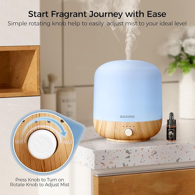 BOXING 300ML Essential Oil Diffuser, Diffusers for Home&Large Room, Aromatherapy Diffuser with 7 Colors Night Light Perfect for Bedroom Baby, Stepless Knob Control,Timer,Quiet,Auto Shut Off,White&Wood - Bloomnest