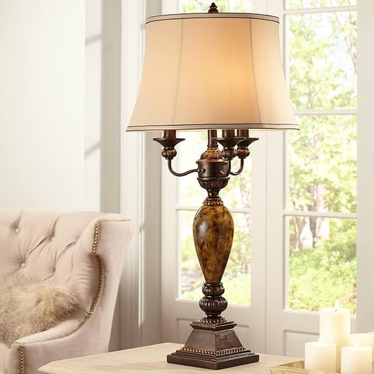 Kathy Ireland Mulholland Traditional Vintage Table Lamp with White USB Charging Dimmer Cord 37" Tall Bronze Golden Marbleized White Bell Shade for Living Room Bedroom House Bedside Nightstand - Bloomnest