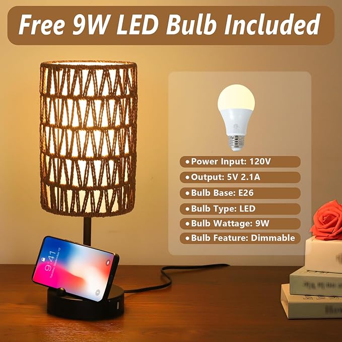 Bedside Lamps Set of 2, Touch Control Night Stand Lamp for Bedroom with Rattan & Linen Shade & Bulbs, 3 Way Dimmable Small Boho Table Lamps with USB Charging Port & Phone Stand (Coffee Color) - Bloomnest