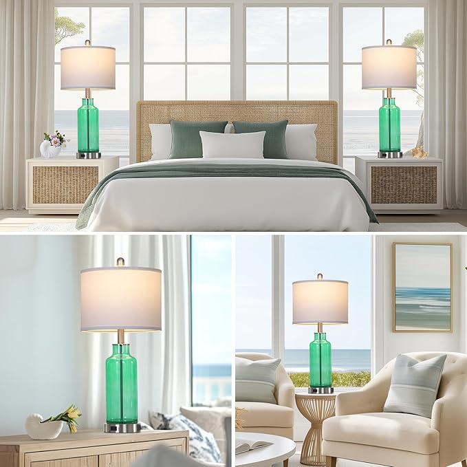26.5" Coastal Green Glass Table Lamps Set of 2, 3-Way Dimmable Touch Control Bedside Lamps with USB Ports and AC Outlet, Teal Nightstand Lamps for Bedroom Living Room - Bloomnest