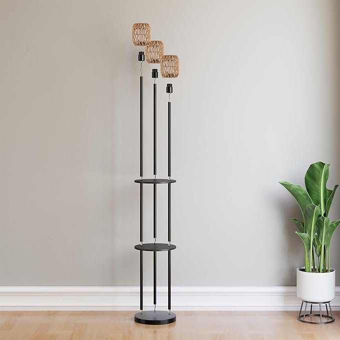 WIHTU 70" Boho Floor Lamp, Dimmable Rattan Floor Lamp with Shelves, 3 Lights Rustic Tall Lamps with Rotary Switch, Farmhouse Standing Lamps for Living Room, Bedroom，Office (Includes 3 Bulbs) - Bloomnest