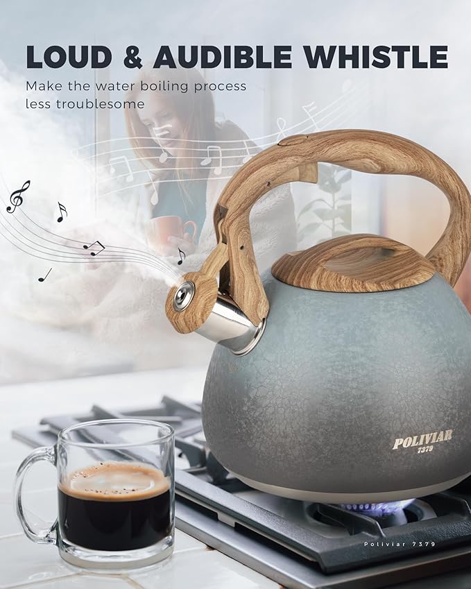 POLIVIAR Tea Kettle, 2.7 Quart Stovetop Tea Kettle, Audible Whistling Teapot with Crackle Finish, Food Grade Stainless Steel for Anti-Rust, Anti Hot Handle, Suitable for All Heat Sources (JX2023-LYL) - Bloomnest