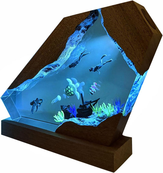 Octopus Ocean Resin Lamp, Handmade Wooden Table Resin Night Light, USB Port Art Ornaments for Home Office Decor, Scuba Diver Gifts for Birthday Holiday, Valentine's Day Gifts for Husband