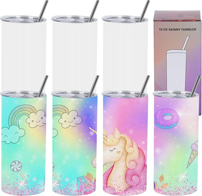 15 Oz Sublimation Tumblers Blank (8 Pack), Skinny Straight Kids Sublimation Tumblers Bulk, Individually Gift Boxed, White Tumblers Sublimation - Bloomnest