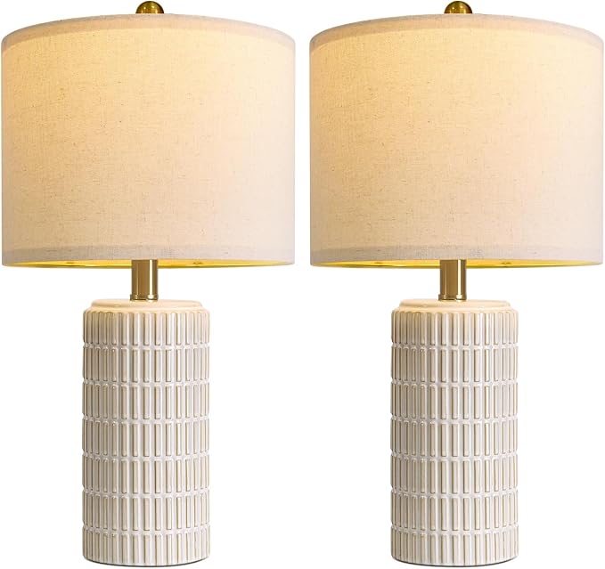 PoKat 20.75" Small Modern Ceramic Table Lamps Set of 2 for Bedroom, White Bedside Lamps for Night Stands, Farmhouse Desk Decor Nightstand Table Lamps for Living Room End Table Beige - Bloomnest