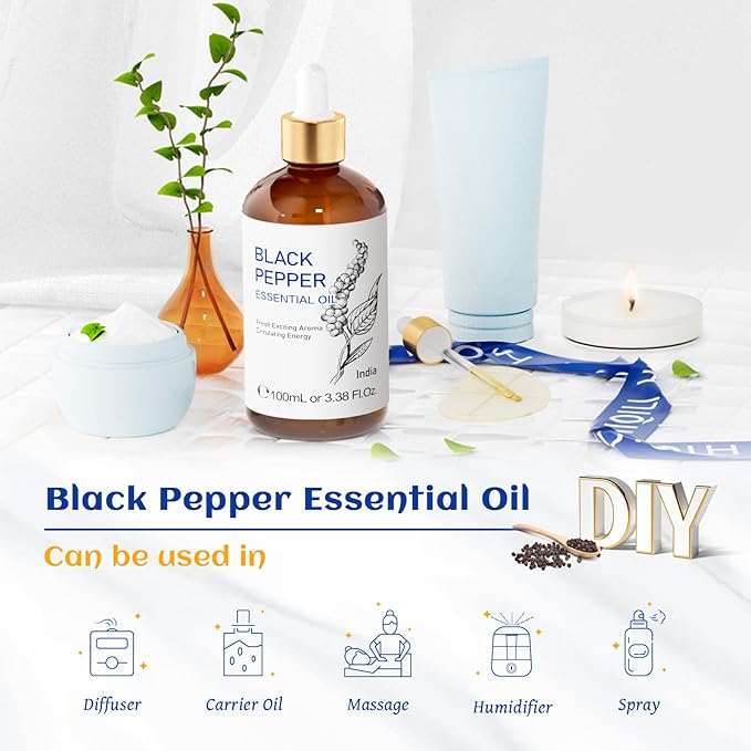 HIQILI Black Pepper Essential Oil for Aromatherapy & Diffuser - Natural Spicy & Warming Scent - Therapeutic Grade - 3.38 Fl Oz - Bloomnest