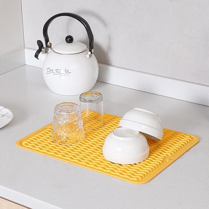 Silicone Dish Drying Mat for Multiple Usage,Easy clean,Eco-friendly,Heat-resistant Silicone Mat for Kitchen Counter or Sink,Refrigerator or drawer liner Yellow L 16 inches x 12 inches - Bloomnest