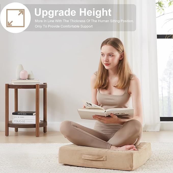 22 inches Floor Pillow for Adults - Large Meditation Cushion with Thick Foam & Soft Tufted Cover - Premium Outdoor Square Floor Cushion Seat - Yoga Pillows for Sitting On Floor - Khaki - Bloomnest