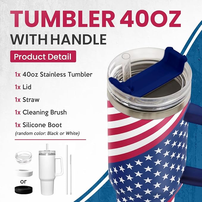 SANDJEST American Flag Tumbler with Handle, America Engraved 40oz Stainless Steel Insulated Coffee Mug with Lid & Straw, America Gifts for Men Women, USA Tumblers Cup Gift for Christmas - Bloomnest