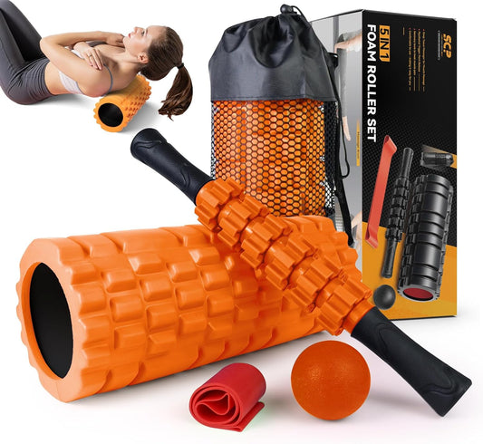 5 in 1 Foam Roller Set for Deep Tissue Muscle Massage, Trigger Point Fitness Exercise Foam Roller, Massage Roller, Massage Ball, Stretching Strap, for Whole Body(Orange-Black)