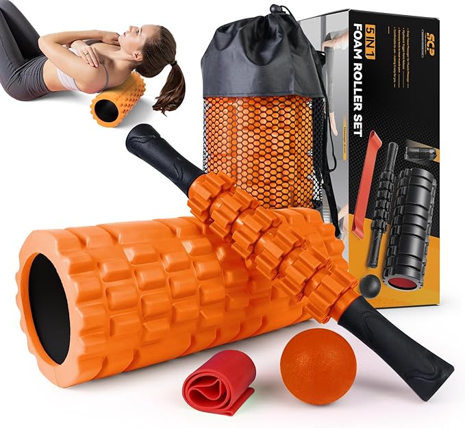 5 in 1 Foam Roller Set for Deep Tissue Muscle Massage, Trigger Point Fitness Exercise Foam Roller, Massage Roller, Massage Ball, Stretching Strap, for Whole Body(Orange-Black) - Bloomnest