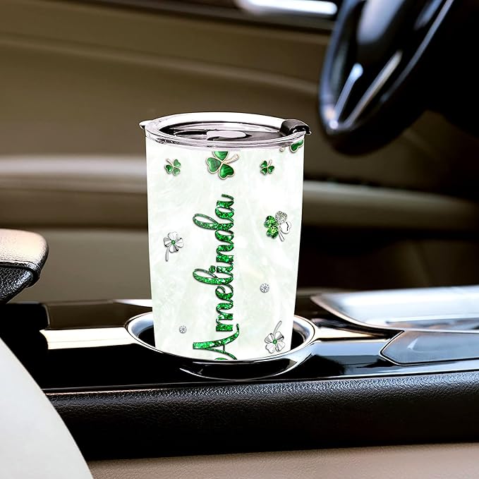 WAZONE Personalized St Patricks Day Tumbler With Lid Custom Name Stainless Steel Insulated Travel Mug Customized Gifts Green Shamrock Triquetra Celtic Knot Cross Ireland For Women Christian - Bloomnest
