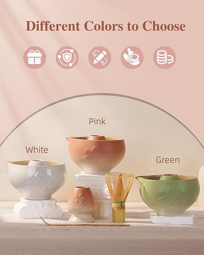 ZENS Matcha Whisk Set, Pink Ceramic Matcha Bowl with Embossed Sakura, 6pcs Matcha Tea Kit Includes Bamboo Whisk, (Chasen Holder) Scoop & Sifter, Tea Towel for Matcha Ceremony, Pink - Bloomnest