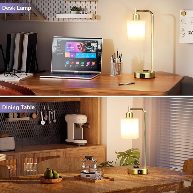 Innqoo Industrial Gold Table Lamps for Bedrooms Set of 2-3-Way Dimmable Desk Lamp with USB C+A Ports and Outlet, Gold Lamps with Opal Glass Shade for Living Room, Desk Lamps for Home Office - Bloomnest